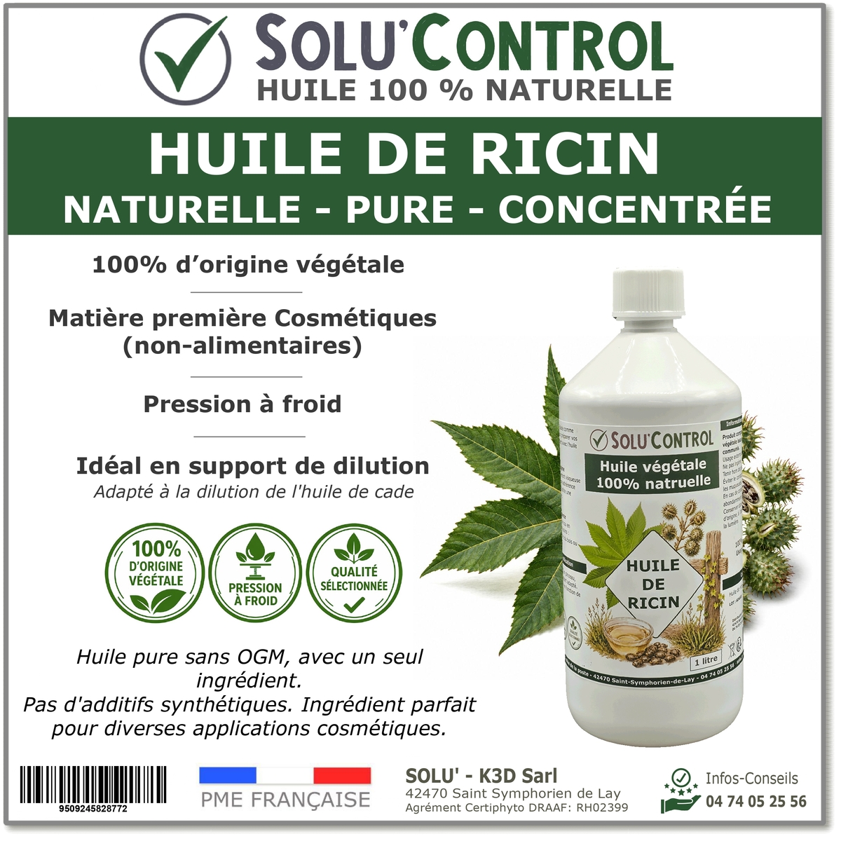 Huile de Ricin Pure et Concentrée – Multi-Usages Traditionnels – Animaux et Jardin Solu